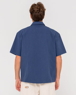 Man wearing Boxed In Short Sleeve Shirt in Navy Blue