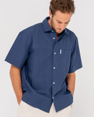 Man wearing Boxed In Short Sleeve Shirt in Navy Blue