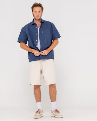 Man wearing Boxed In Short Sleeve Shirt in Navy Blue