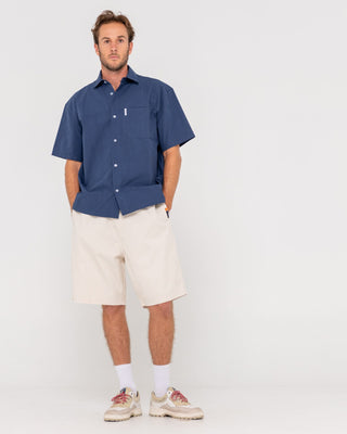Man wearing Boxed In Short Sleeve Shirt in Navy Blue