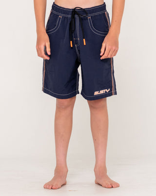 Boy wearing Flip Daddy Boardshort Boys in Navy Blue 1