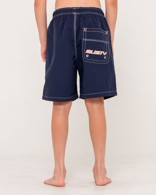Boy wearing Flip Daddy Boardshort Boys in Navy Blue 1