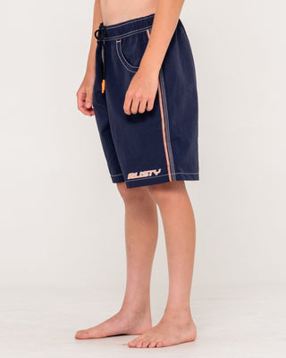 Boy wearing Flip Daddy Boardshort Boys in Navy Blue 1