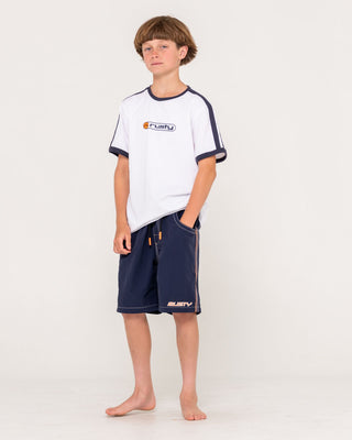 Boy wearing Flip Daddy Boardshort Boys in Navy Blue 1