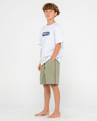 Boy wearing Flip Daddy Boardshort Boys in Putty