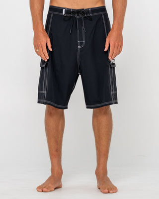 Man wearing Pick Pocket Fixed Waist Boardshort in Black 1