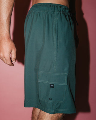 Man wearing Spitfire Hybrid Waist Boardshort in Army Green