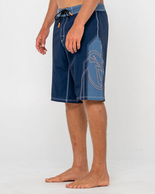 Man wearing Tombstones Fixed Waist Boardshort in Navy Blue