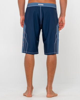 Man wearing Tombstones Fixed Waist Boardshort in Navy Blue