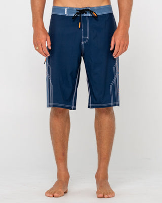 Man wearing Tombstones Fixed Waist Boardshort in Navy Blue