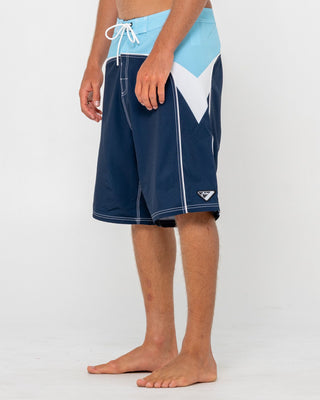 Man wearing Straight Pipe Fixed Waist Boardshort in Light Blue Navy
