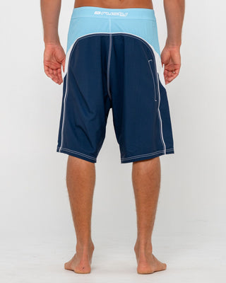 Man wearing Straight Pipe Fixed Waist Boardshort in Light Blue Navy