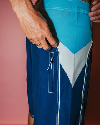 Man wearing Straight Pipe Fixed Waist Boardshort in Light Blue Navy