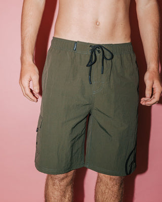 Man wearing Peek Show Hybrid Waist Boardshort in Army Green