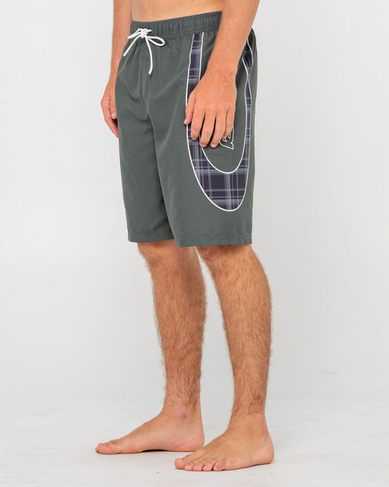 man-wearing-charger-elastic-waist-boardshort-in-army-green