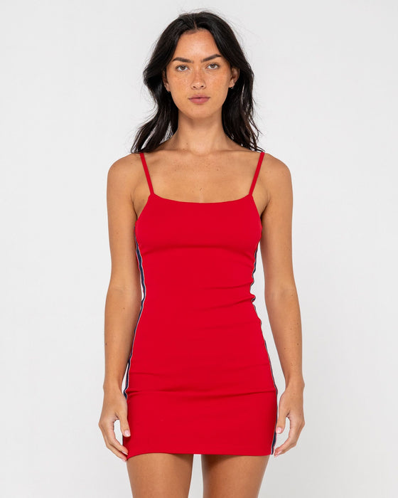 woman-wearing-racer-mini-dress-in-red