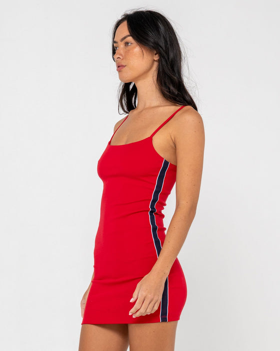 woman-wearing-racer-mini-dress-in-red
