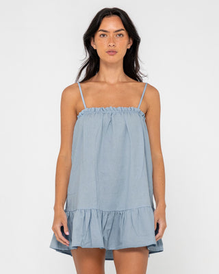 Woman wearing Mary Weather Slip Dress in Retro Blue
