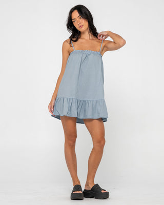 Woman wearing Mary Weather Slip Dress in Retro Blue