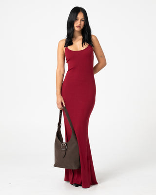 Woman wearing Nicky Slip Maxi Dress in Cherry Red
