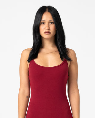 Woman wearing Nicky Slip Maxi Dress in Cherry Red