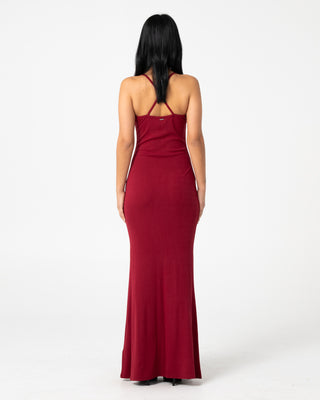 Woman wearing Nicky Slip Maxi Dress in Cherry Red