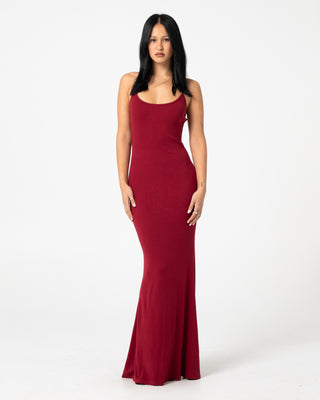 Woman wearing Nicky Slip Maxi Dress in Cherry Red