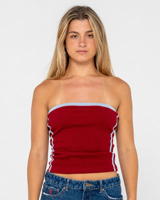 Woman wearing Otis Tube Top in Cranberry Red