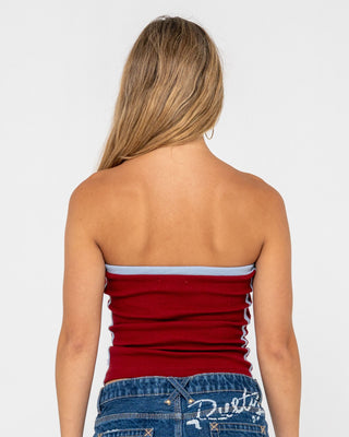 Woman wearing Otis Tube Top in Cranberry Red