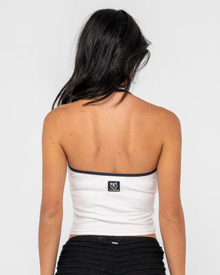 Woman wearing Halley Halter Top in White