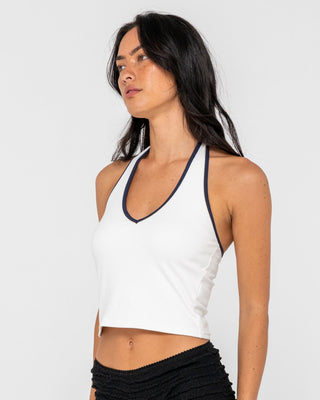 Woman wearing Halley Halter Top in White