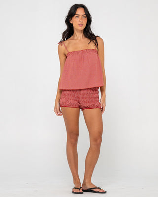 Woman wearing Summer Court Cami Top in Red