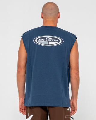 Man wearing Faden Heavy Boxy Muscle in China Blue