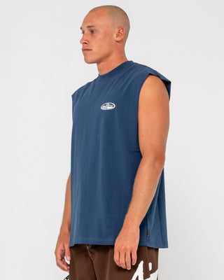 Man wearing Faden Heavy Boxy Muscle in China Blue
