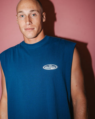 Man wearing Faden Heavy Boxy Muscle in China Blue