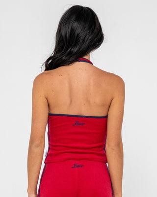 Woman wearing Bodhi Towelling Halter Neck Top in Red