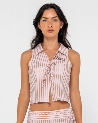 Woman wearing Rhysand Stripe Tie Top in Pink Stripe