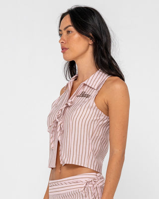 Woman wearing Rhysand Stripe Tie Top in Pink Stripe