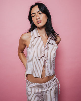 Woman wearing Rhysand Stripe Tie Top in Pink Stripe