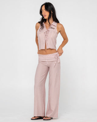 Woman wearing Rhysand Stripe Tie Top in Pink Stripe