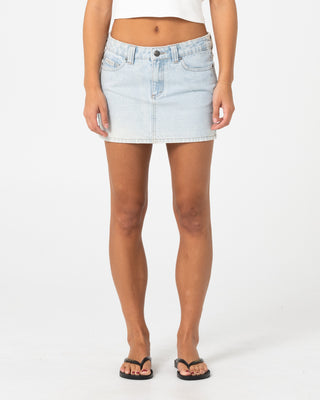 Woman wearing Mavericks Low Rise Denim Mini Skirt in Sky Blue Heather