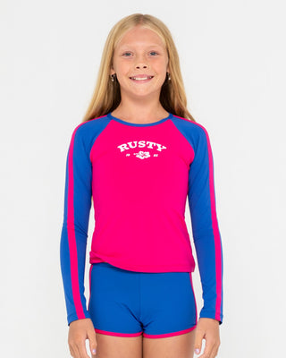 Girl wearing Contrast Rashie And Shorts Set Girls in Fuchsia/Blue