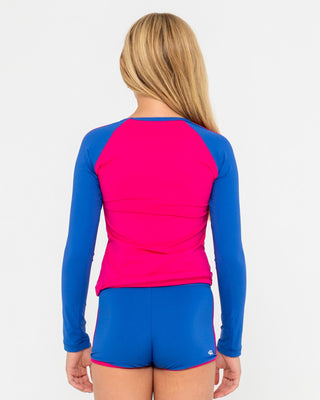 Girl wearing Contrast Rashie And Shorts Set Girls in Fuchsia/Blue