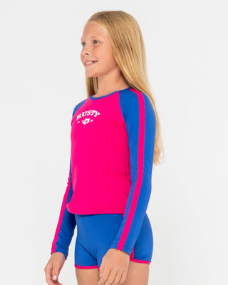 Girl wearing Contrast Rashie And Shorts Set Girls in Fuchsia/Blue