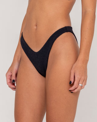 Woman wearing Sandalwood Midi Bikini Bottom in Black