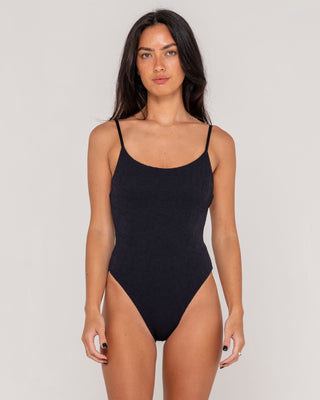 Woman wearing Sandalwood Hi Leg One Piece in Black