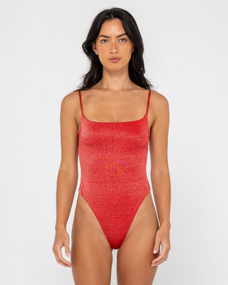 Woman wearing Shimmy Hi Leg One Piece in Red