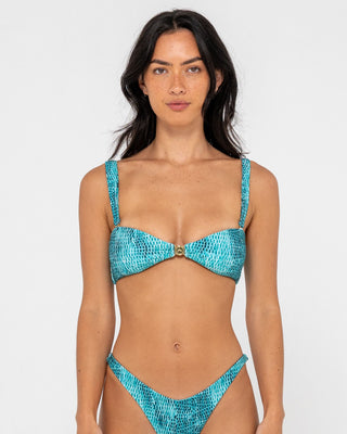 Woman wearing Viper Bralette Bikini Top in Turquoise