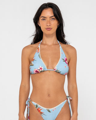 Woman wearing Kehlani Halter Bikini Top in Kehlani Print