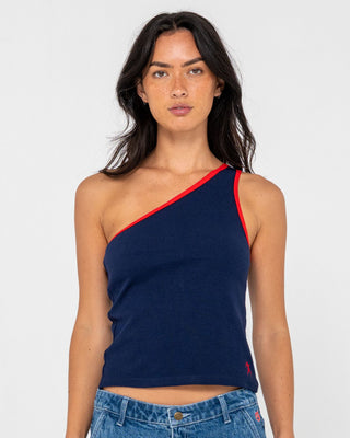 Woman wearing Zoe One Shoulder Tank in Navy